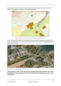 Bildet viser en side fra en byggesak som inneholder to kart. Øverst er en digitalt målt situasjonsplan som viser avstand mellom tomt og bekkefare, og nederst er et flyfoto (fotografi) av området med markeringer.