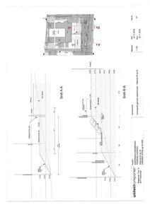 Snittegning (Snitt A-A og Snitt B-B) som viser tverrsnittet av en bygning med høydeangivelser og konstruksjonsdetaljer.