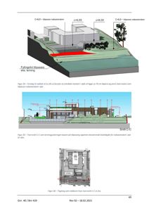 Bildet viser en samling av tre tegninger relatert til et snitt (Snitt C-C) av en bygning. Øverst er et 3D-snitt som viser terrengjustering og naboeiendom. Midt i bildet er et 2D-snitt av fasaden. Nederst er en tegning som indikerer snittets plassering.