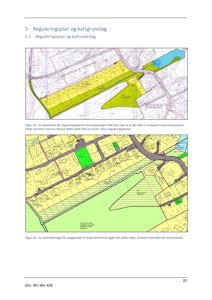 Bildet viser to kart som illustrerer reguleringsplan og kartunderlag for et byggesak. De viser eiendomsgrenser, vegnett og arealbruk.
