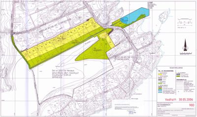 Situasjonsplan som viser tomtens form, grenser, vegnett og planlagt bebyggelse med fargekoding for ulike arealtyper.