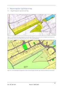 Bildet viser to kart som illustrerer reguleringsplan og kartunderlag for et byggeprosjekt. Det er tegnet opp med farger (gult, grønt, blått) som markerer ulike soner og arealer.