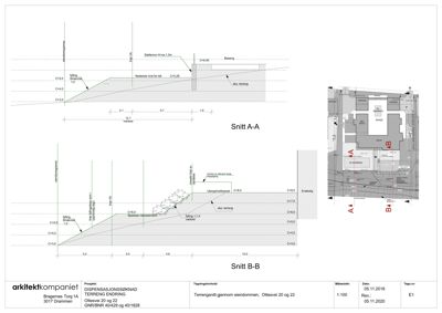 Bildet viser to snittegninger (Snitt A-A og Snitt B-B) av et bygg, som illustrerer tverrsnittet gjennom bygningen med høydeangivelser og terrengforhold.