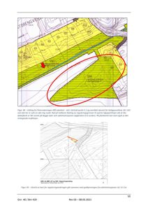 Bildet viser et utsnitt av et situasjonsplan (plankart) med topografi, reguleringsgrenser og bygningsplassering markert med farger og symboler.