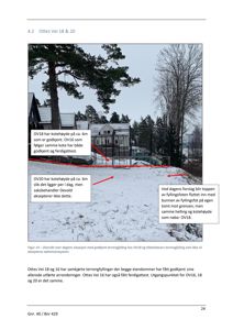 Fotografi av en bygning og terrengsituasjon med overlagte tekstmeldinger og piler som forklarer kotehøyder og grenser.