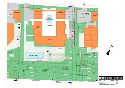 Situasjonsplan som viser tomtens grenser, bygningers plassering, høydemål og naboeiendom.