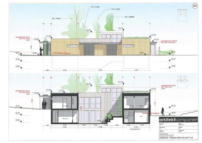 Snittegning som viser bygningens tverrsnitt, romfordeling og fasadeoppsett.