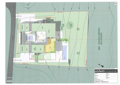 Situasjonsplan som viser bygningens plassering på tomten i forhold til nabogranser, terrenglinjer og veier.