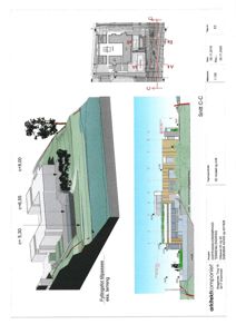 Snittegning (Snitt C-C) som viser bygningens tverrsnitt, høydemål og terrengforhold.