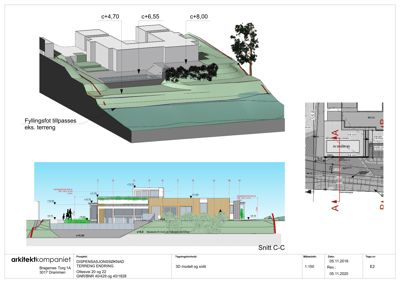 Bildet viser en snittegning (Snitt C-C) av et bygg med terrengforhold, samt en 3D-modell og en fasadevisning.