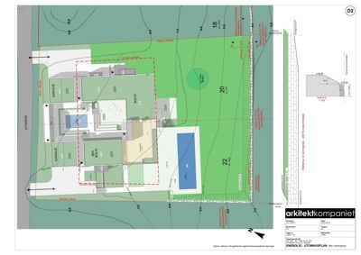 Situasjonsplan som viser tomtens form, grenser, naboeiendom, og plassering av en bolig og garasje. Planen inneholder også høydeforhold (konturer) og en detaljert tegning av en inngangsparti.