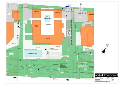 Situasjonsplan som viser tomtens grenser, bygningers plassering, høydemål og tilhørende arealer.