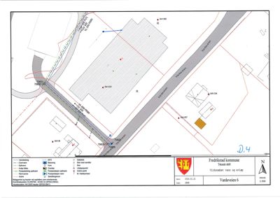 Situasjonsplan som viser tomt, bygninger, veier og vannledninger i Fredrikstad kommune.