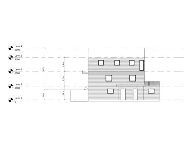 Fasadetegning (opprikk) som viser bygningens høyde, vinduoppsett og nivåer.
