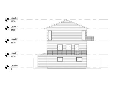 Fasadetegning som viser bygningens utseende fra siden, inkludert vinduer, balkonger og nivåhøyder.
