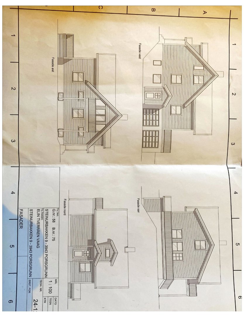 Fasadetegning som viser bygningens utseende fra fire ulike vinkler (vest, øst, sør, nord).