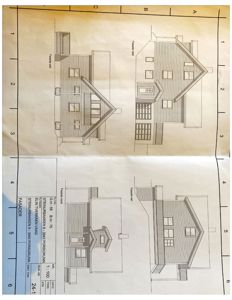 Fasadetegning som viser bygningens utseende fra fire ulike vinkler (vest, øst, sør, nord).