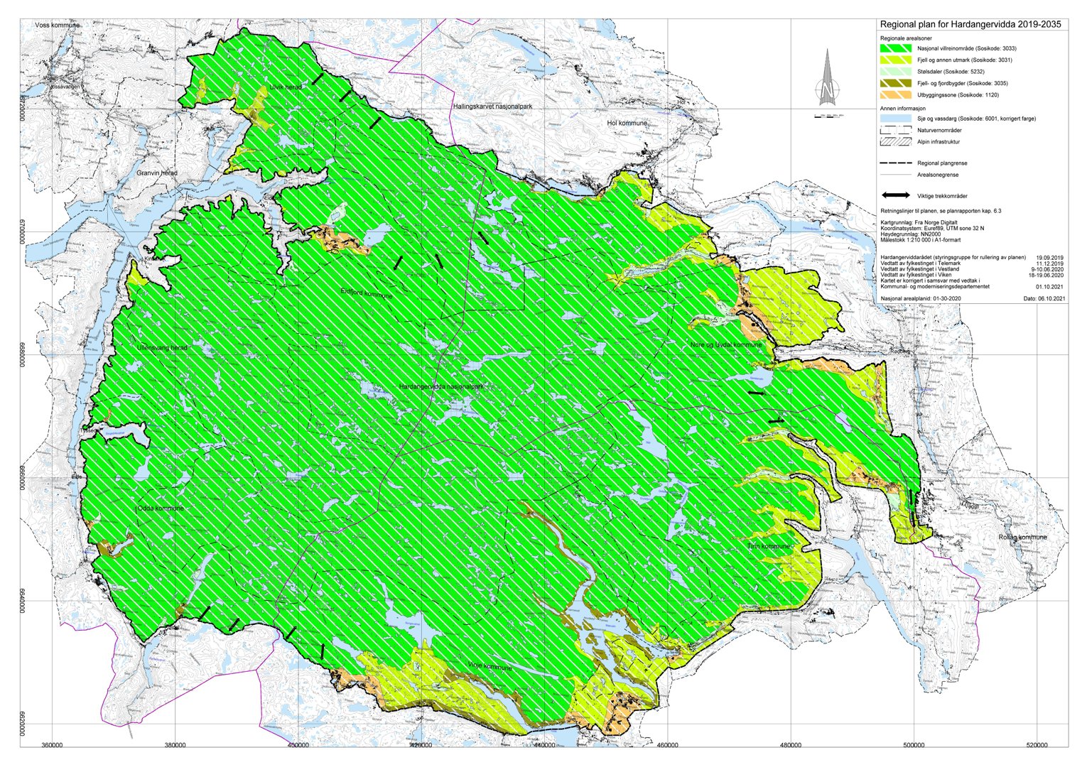 Kart over Hardanger kommune som viser arealplanlegging (Regional plan) med fargekodet for ulike arealbrukskategorier.
