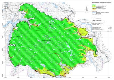 Kart over Hardanger kommune som viser arealplanlegging (Regional plan) med fargekodet for ulike arealbrukskategorier.