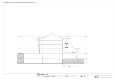 Typisk snittegning av en 'Alpin Lodge' som viser bygningens tverrsnitt, takform og grunnplan.