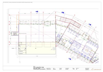 Etasjeplan (1. etasje) for 'Alpin Lodge' med romfordeling, vegglinjer og dimensjoner.