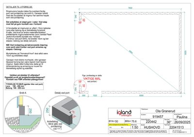 Tegning som viser detaljert utforming av en ringmur med mål, snitt (Snitt A) og anbefalinger for utførelse.