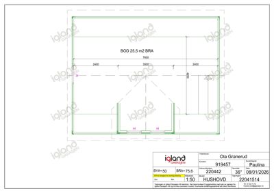 Etasjeplan (bode) med mål, romoppdeling og teknisk informasjon om bygningen.