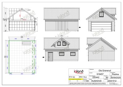 Fasadetegning som viser front- og sideopprikk av en garasje med mål og detaljer.