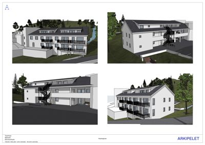 En samling av fire 3D-visualiseringer (renderinger) som viser ulike vinkler på et planlagt boligprosjekt.