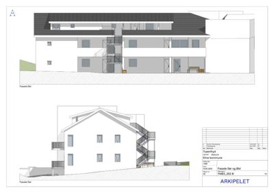 Tegning som viser fasadeopprikk for et hus sett fra sør og øst, inkludert takform, vinduer, balkonger og trapp.