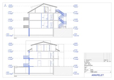 Snittegning (Snitt A og Snitt B) som viser tverrsnittet av en bygning med etasjer, takplan og konstruksjon.