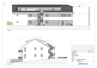 Tegning som viser fasadeopprikk for et hus sett fra sør og øst, inkludert takform, vinduer, balkonger og trapp.
