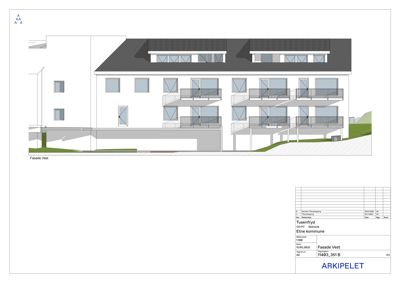 Fasadetegning (opprikk) av bygning sett fra vest