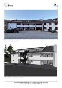 Bildet viser en side med to bilder: øverst et fotografi av dagens fasade og nederst en 3D-visualisering av den planlagte fasaden.