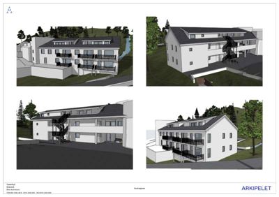 En samling av fire 3D-visualiseringer (renderinger) som viser ulike vinkler på et planlagt boligprosjekt.