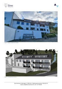 Bildet viser en side med to bilder: øverst et fotografi av dagens fasade og nederst en 3D-visualisering av ny fasade.