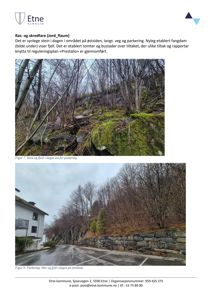 Dokument med to fotografier som viser ras- og skredfare i et område, inkludert stein, fjell, en veg og en parkeringsplass.