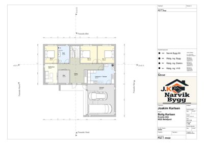 Etasjeplan (1. etasje) som viser romfordeling, arealer og orientering for en bolig.
