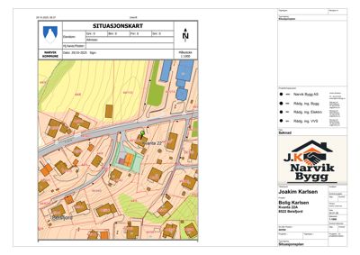 Situasjonskart som viser tomtens beliggenhet i forhold til nabolag, veier og natur. Kartet inneholder også en detaljert oversikt over eiendomsnummer og arealdata.