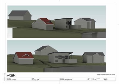 3D-visualisering (rendering) som viser etasjeplaner og fasader for en nybygget bolig med tilhørende garasje og uthus.