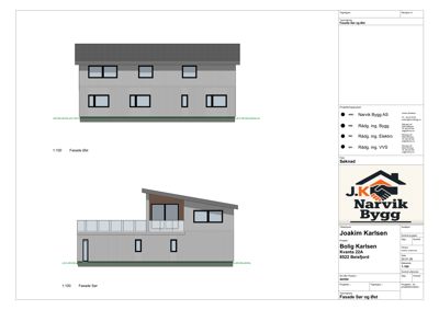 Fasadetegning som viser bygningens utseende fra sør og øst.