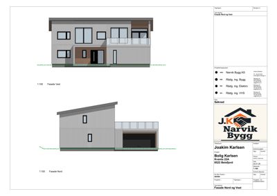 Fasadetegning som viser bygningens utseende fra nord og vest.