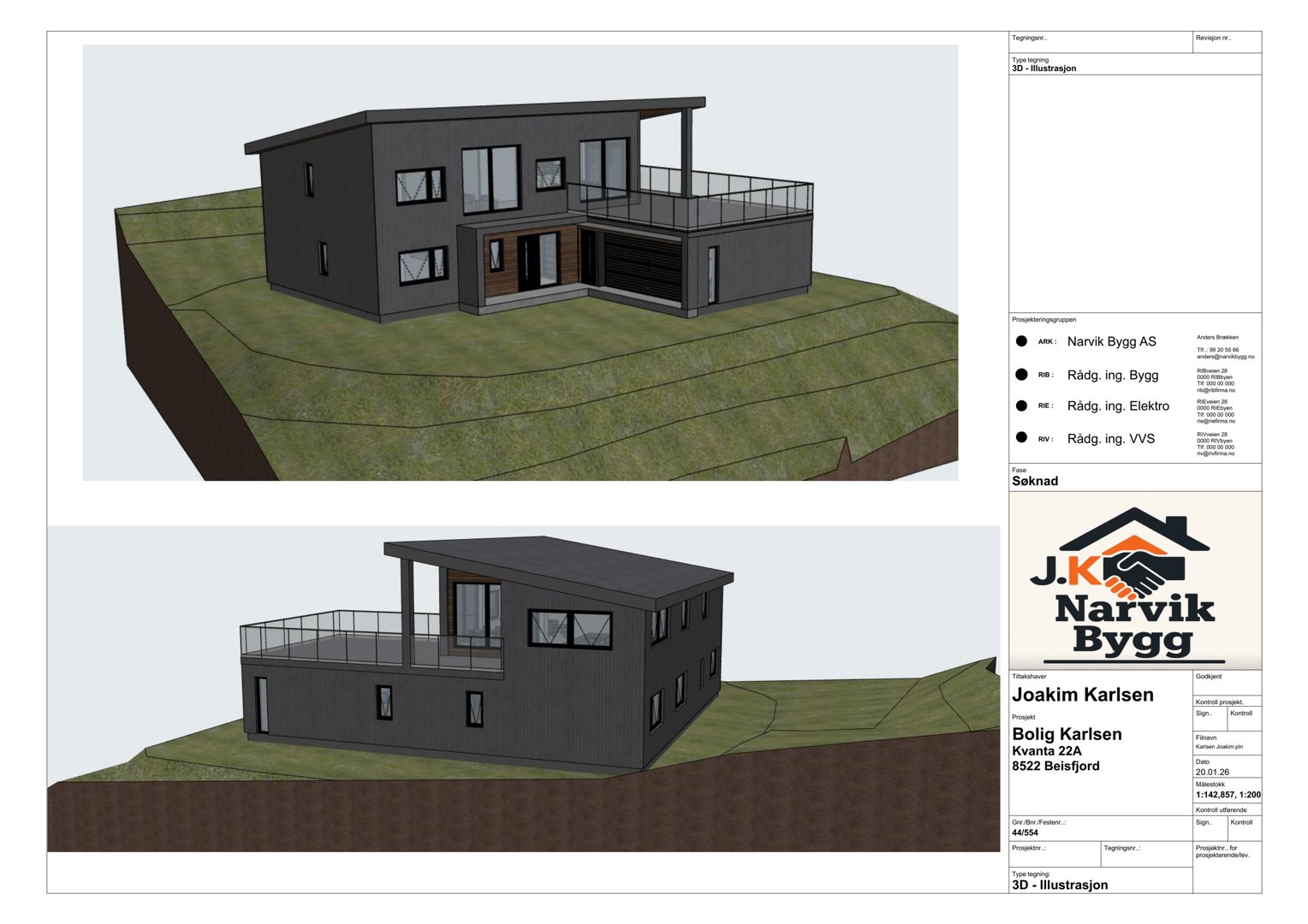 3D-visualisering av en planlagt bolig sett fra to ulike vinkler (fra siden og fra fronten).