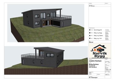 3D-visualisering av en planlagt bolig sett fra to ulike vinkler (fra siden og fra fronten).