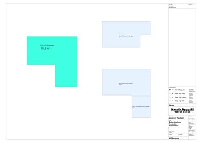 Etasjeplan som viser romfordeling og arealer for et hus. Det er markert ulike rom med farger (turkis og blått) og tekstbeskrivelser som 'BYA (UTV) (Grunnmur)' og 'Rådpl. ing. Røgg'.