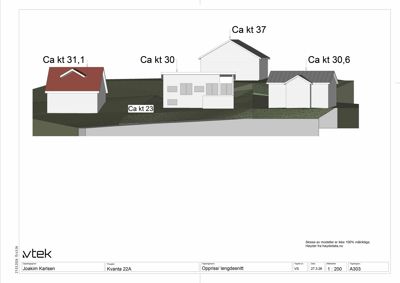 Oppriss/lengdesnitt av eiendom med flere hus og kjellerhøyder