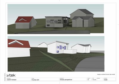 3D-visualisering (rendering) av et husprosjekt med to perspektivvisninger.