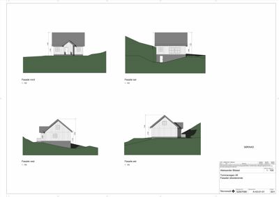 Bildet viser fire fasadetegninger (nord, sør, vest, øst) av en eksisterende bygning med høydeangivelser.