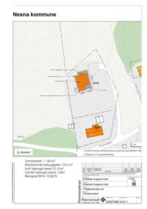 Situasjonsplan som viser tomtens beliggenhet, eksisterende og planlagt bebyggelse, samt topografi.