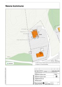 Situasjonsplan som viser bygningens plassering på tomt, terrengforhold og tilstøtende veier.